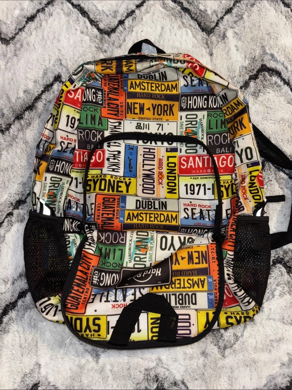 Hard Rock Cafe Multicolor City License Plate Print Backpack